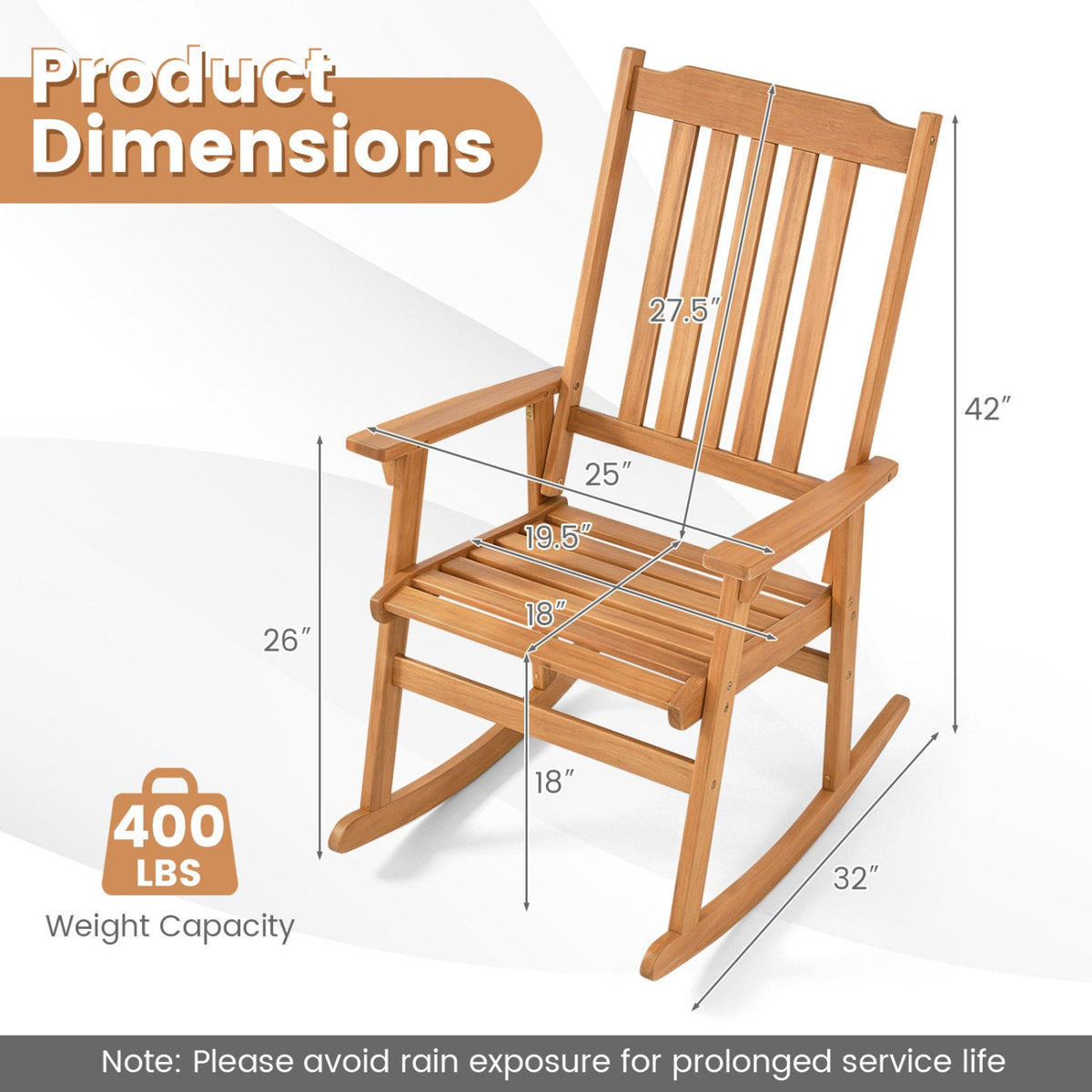 Acacia Wood Rocking Chair with High Back for Patio 4