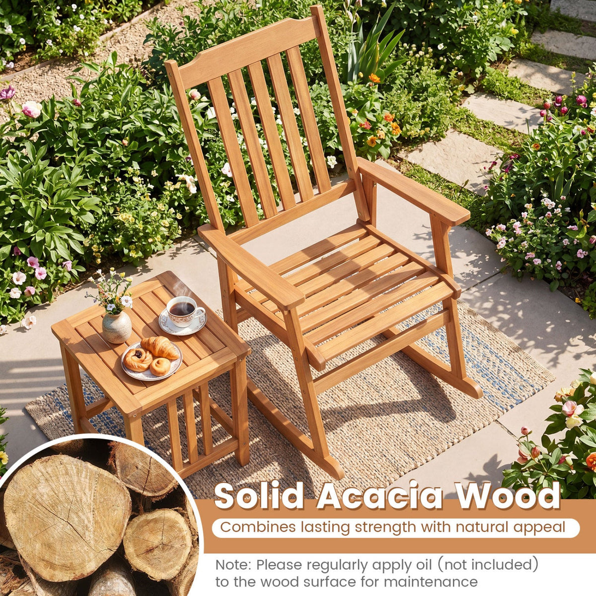 Acacia Wood Rocking Chair with High Back for Patio 6
