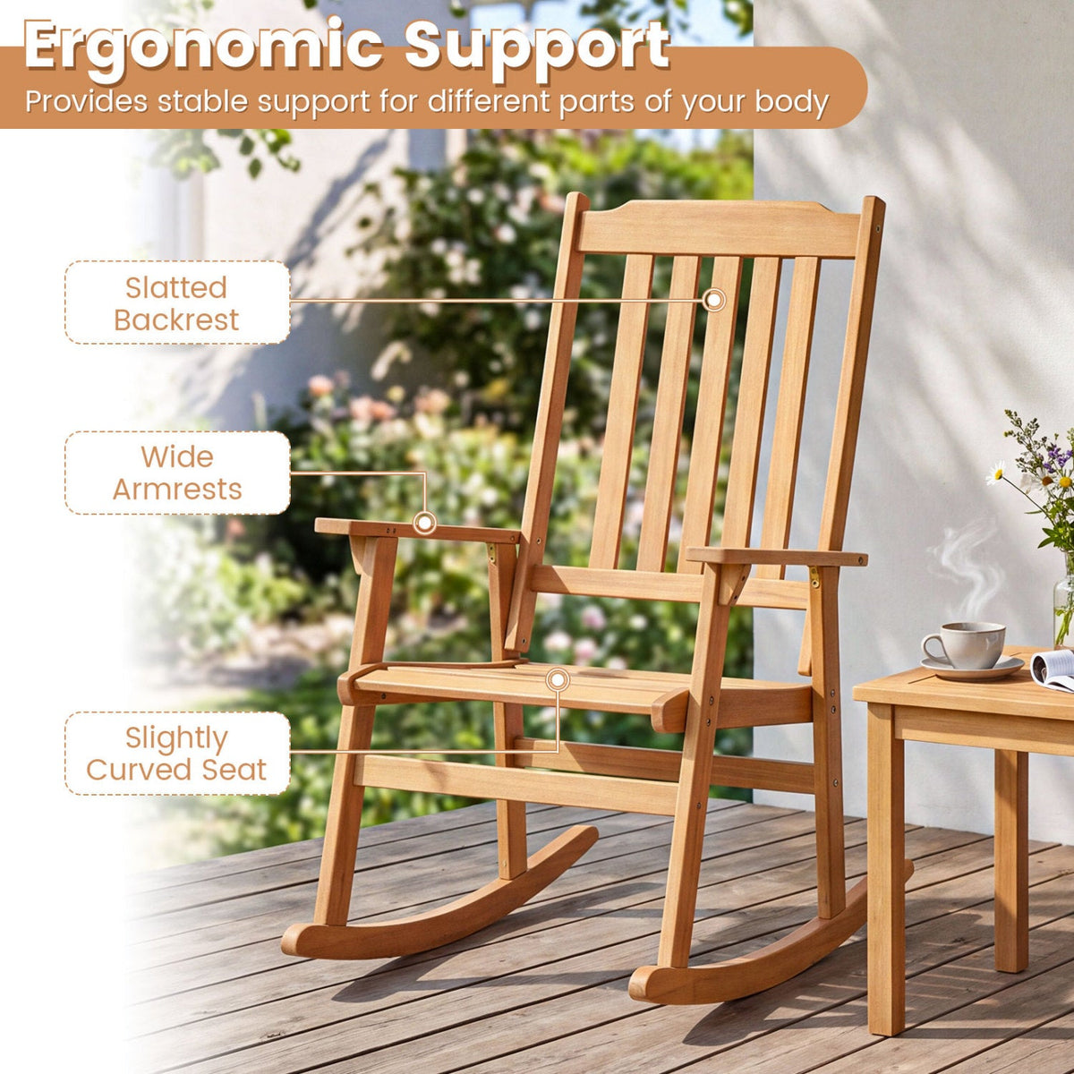 Acacia Wood Rocking Chair with High Back for Patio 8