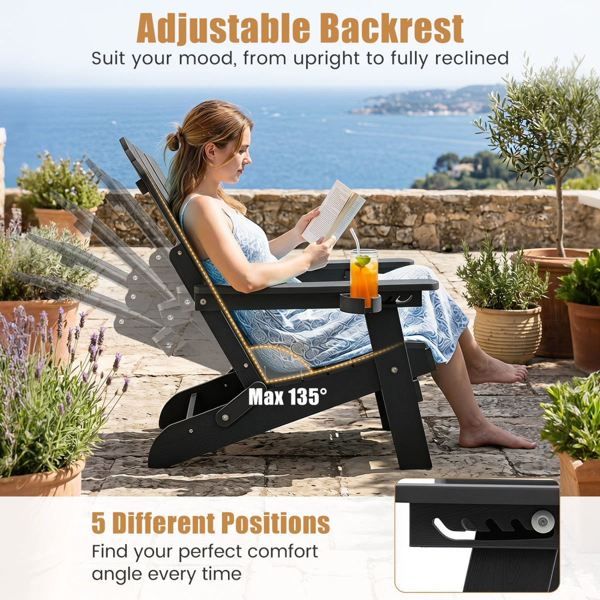 Folding Adirondack Chair with Adjustable Backrest & Cup Holder 5