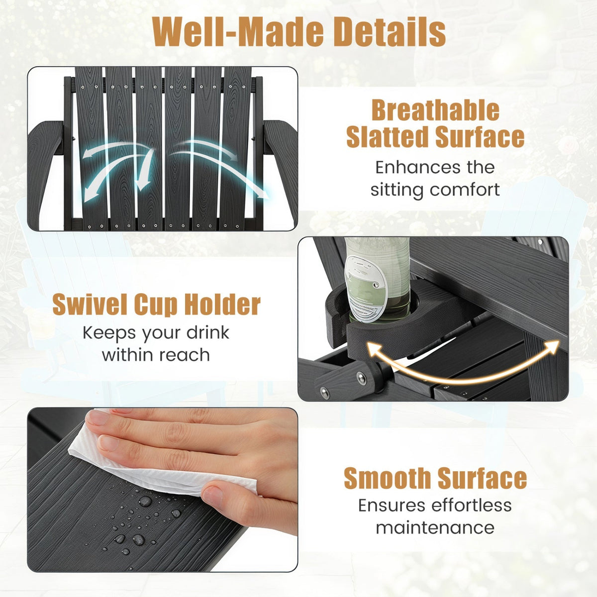 Folding Adirondack Chair with Adjustable Backrest & Cup Holder 8