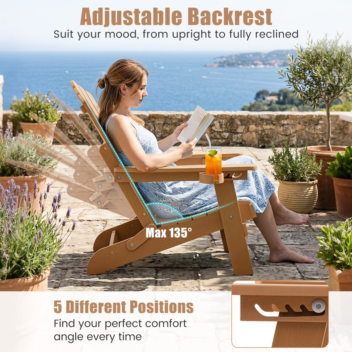 Folding Adirondack Chair with Adjustable Backrest & Cup Holder 15