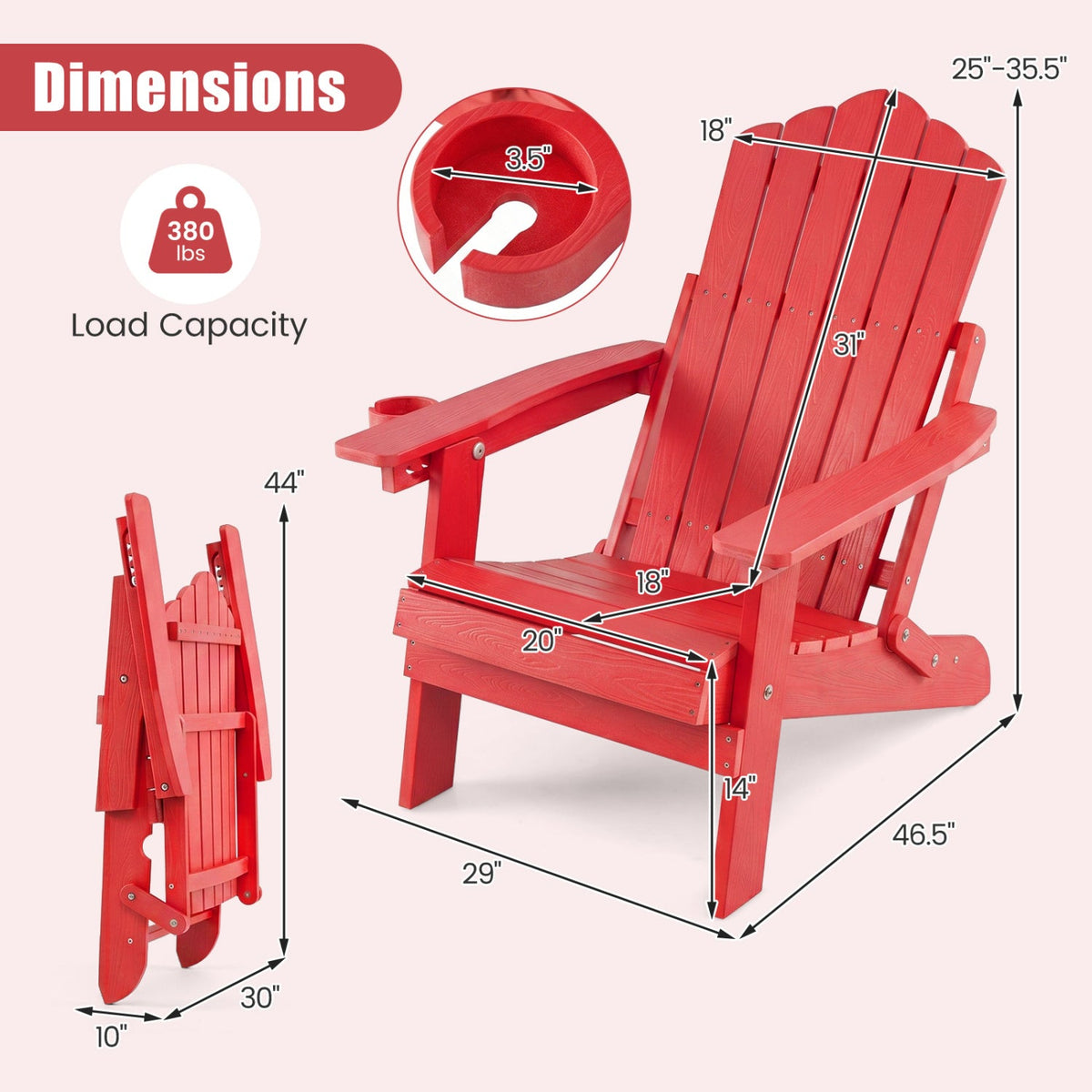 Folding Adirondack Chair with Adjustable Backrest & Cup Holder 36