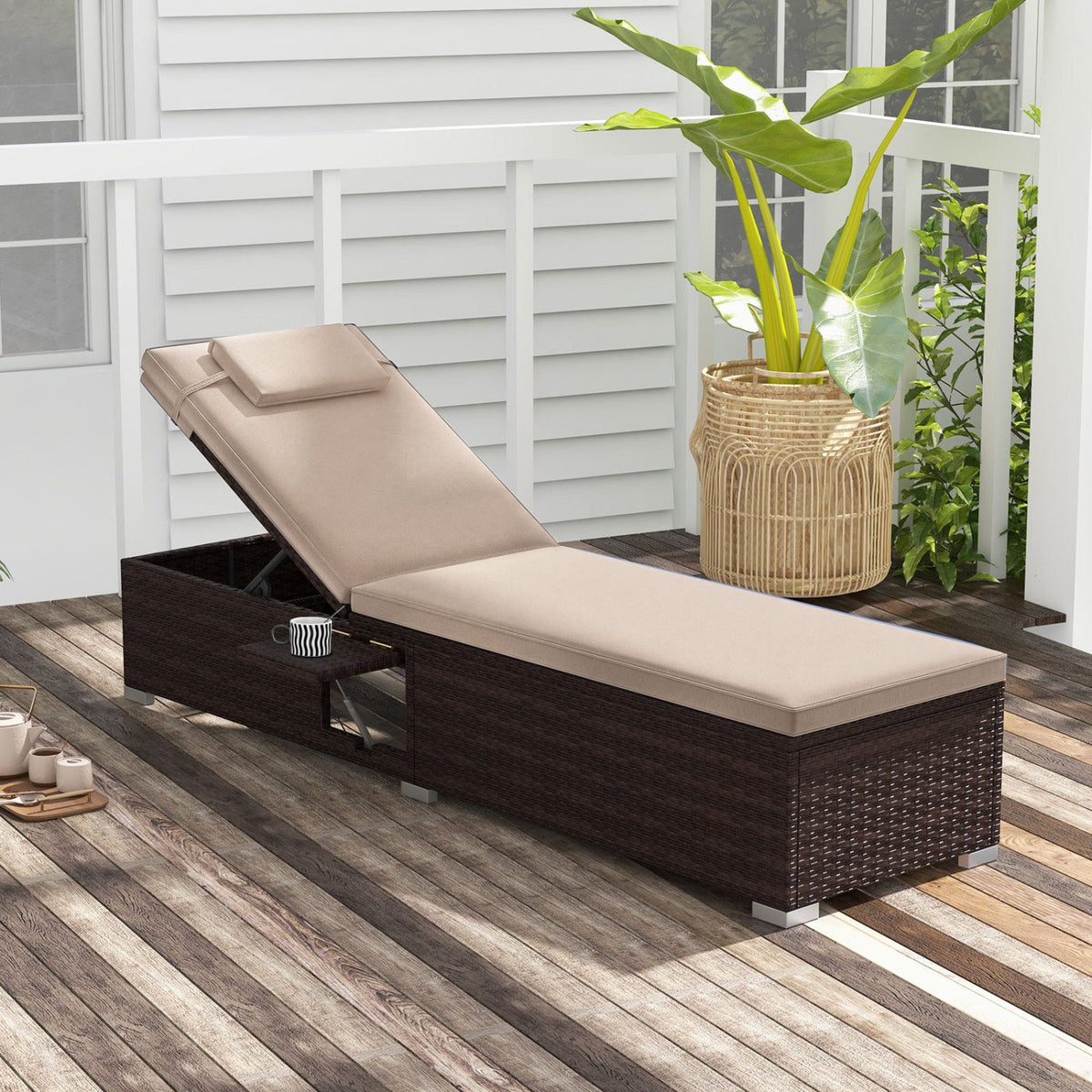Outdoor PE Rattan Chaise Lounge with 6-Position Adjustable Backrest and Foldable Side Table 1