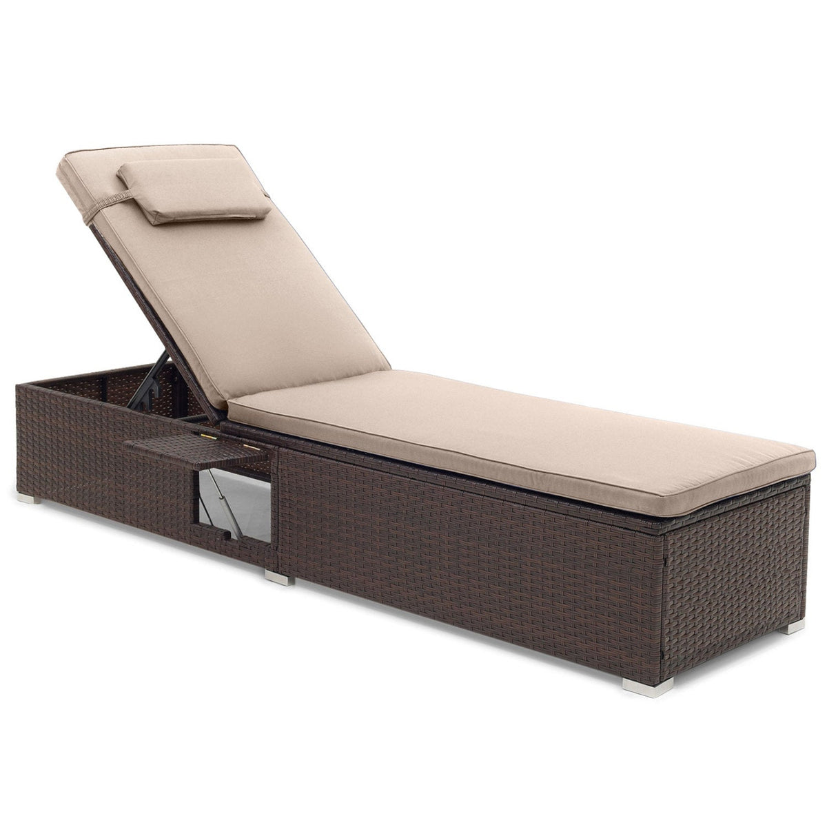 Outdoor PE Rattan Chaise Lounge with 6-Position Adjustable Backrest and Foldable Side Table 2