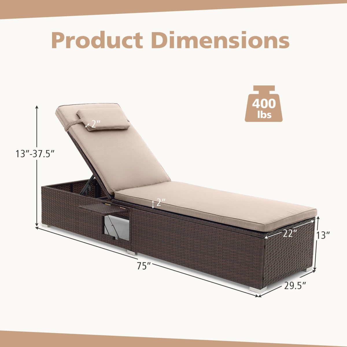 Outdoor PE Rattan Chaise Lounge with 6-Position Adjustable Backrest and Foldable Side Table 3