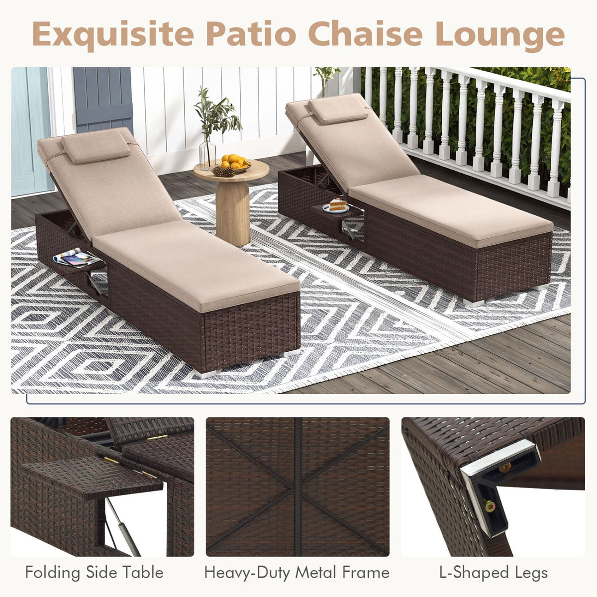 Outdoor PE Rattan Chaise Lounge with 6-Position Adjustable Backrest and Foldable Side Table 7