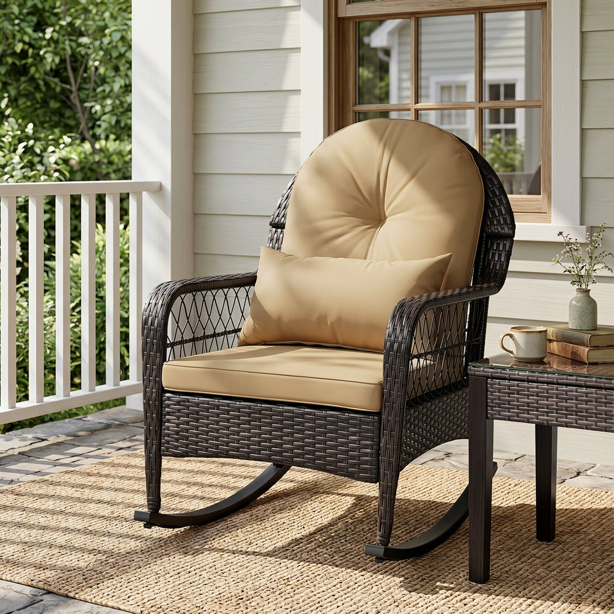 Outdoor Wicker Rocking Chair with Cushions - 400 LBS Capacity 1