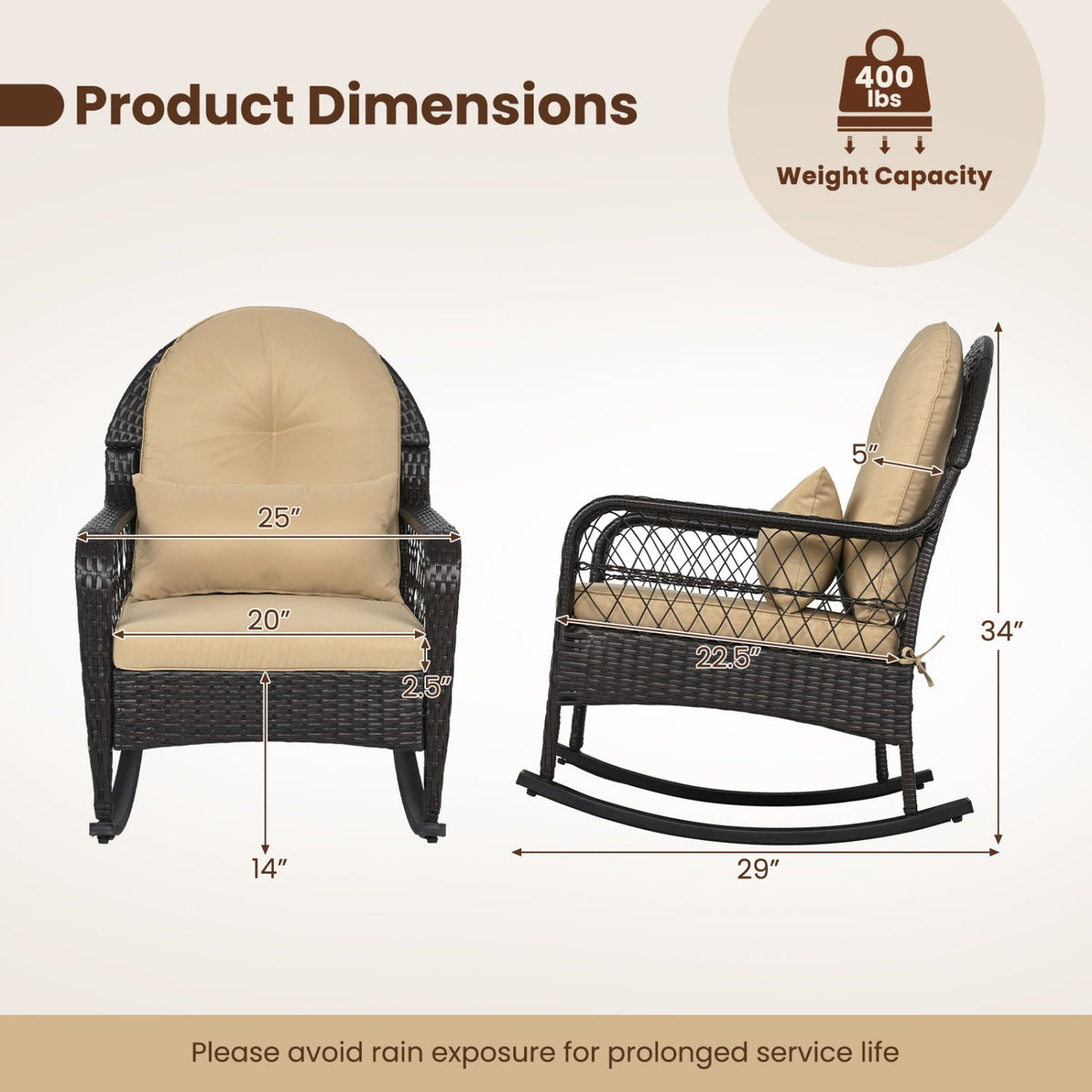 Outdoor Wicker Rocking Chair with Cushions - 400 LBS Capacity 5