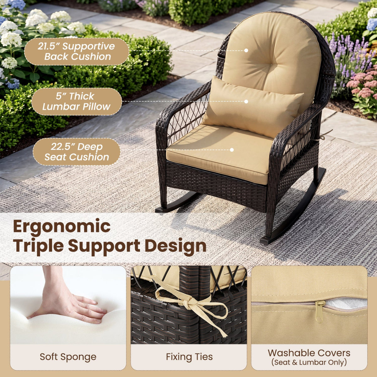 Outdoor Wicker Rocking Chair with Cushions - 400 LBS Capacity 7