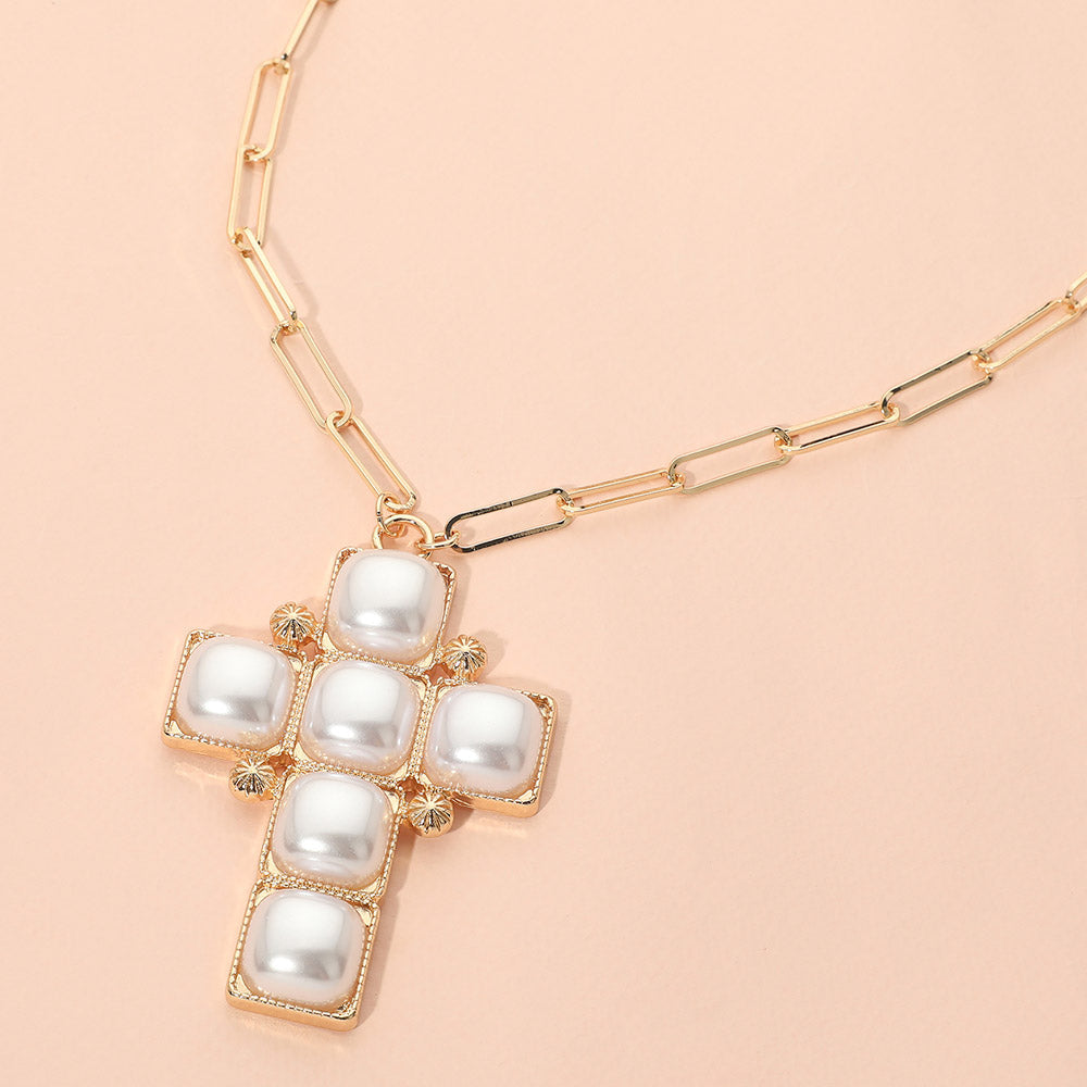 Bold Geometric Pearl Cross Charm Paperclip Chain Necklace 1