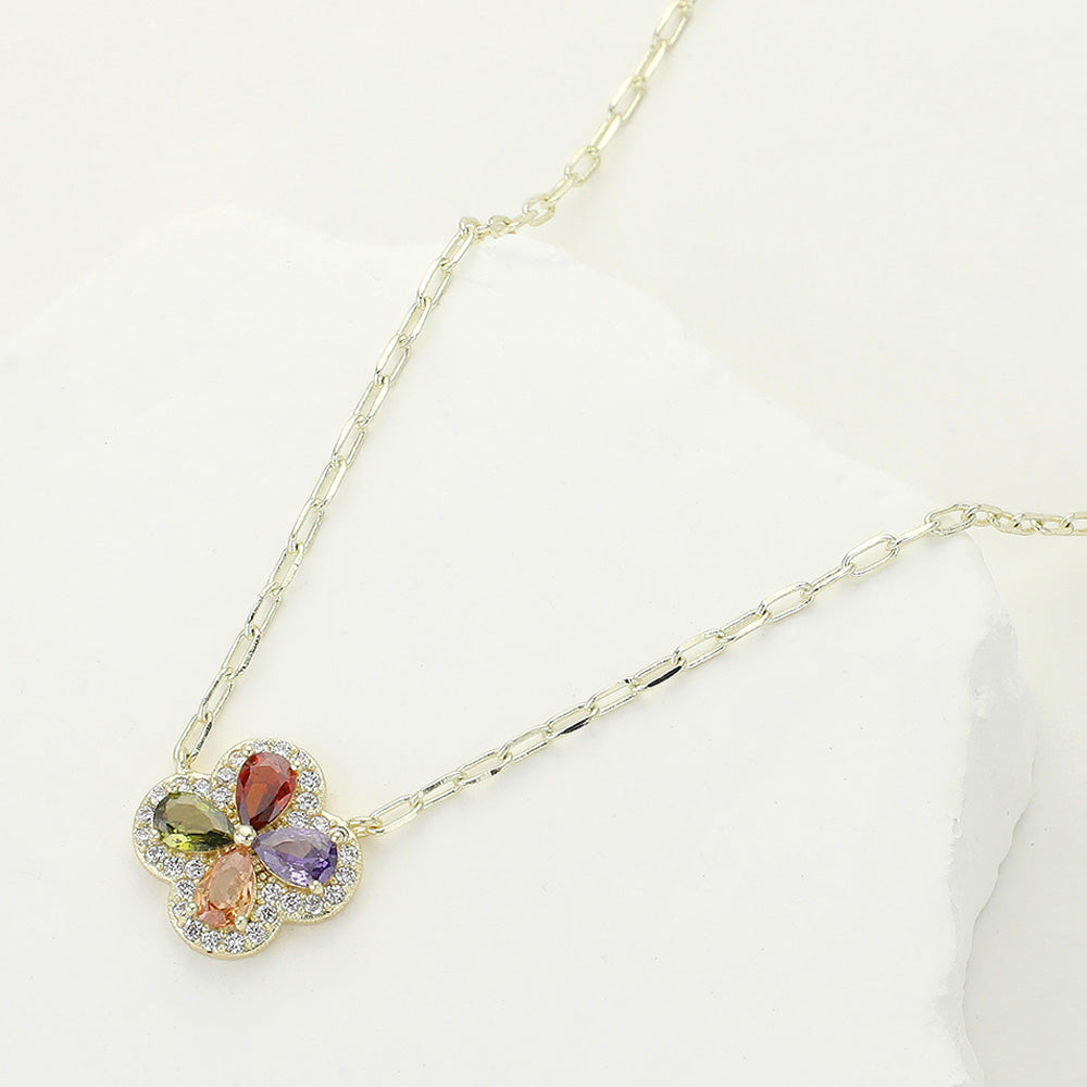 14K Gold Plated Colorful CZ Stone Embellished Quatrefoil Pendant Necklace 1