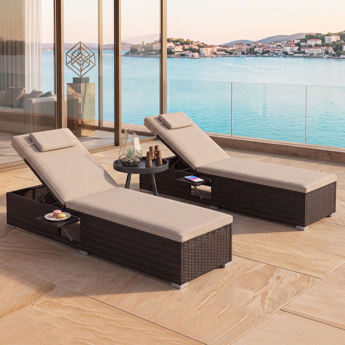 PE Rattan Chaise Lounge Set of 2 with 6-Position Adjustable Backrest and Foldable Side Table 1