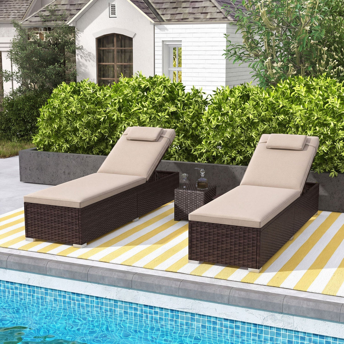 PE Rattan Chaise Lounge Set of 2 with 6-Position Adjustable Backrest and Foldable Side Table 2