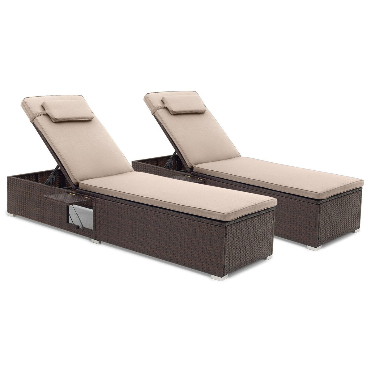 PE Rattan Chaise Lounge Set of 2 with 6-Position Adjustable Backrest and Foldable Side Table 3