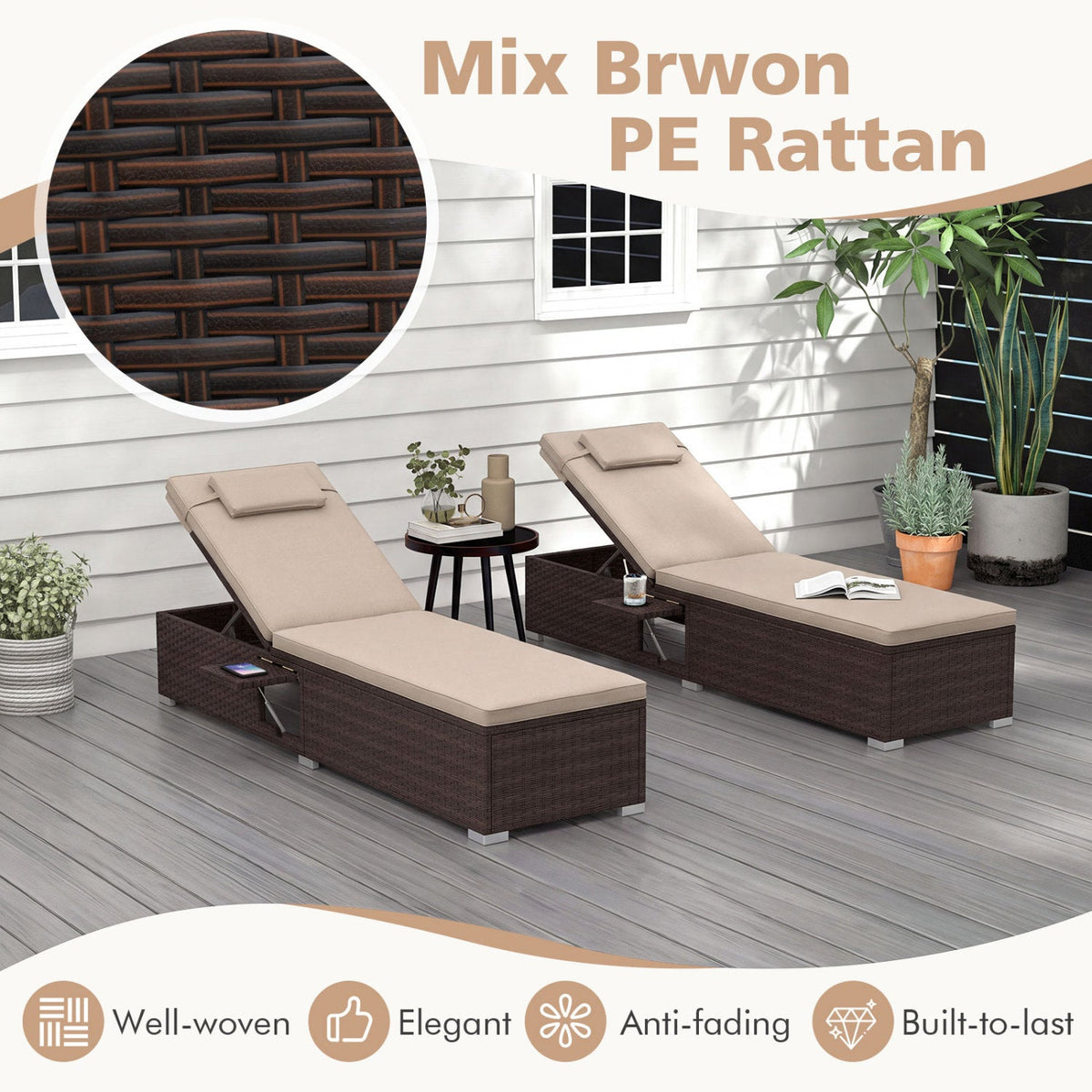 PE Rattan Chaise Lounge Set of 2 with 6-Position Adjustable Backrest and Foldable Side Table 7