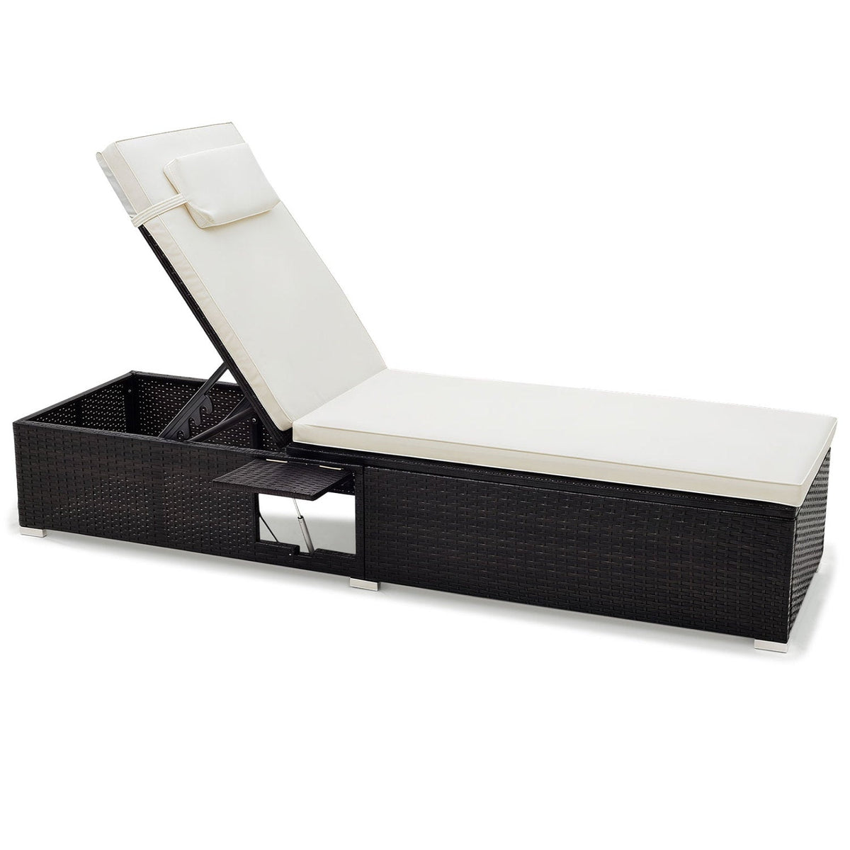PE Rattan Chaise Lounge with Adjustable Backrest and Foldable Side Table Outdoor 1