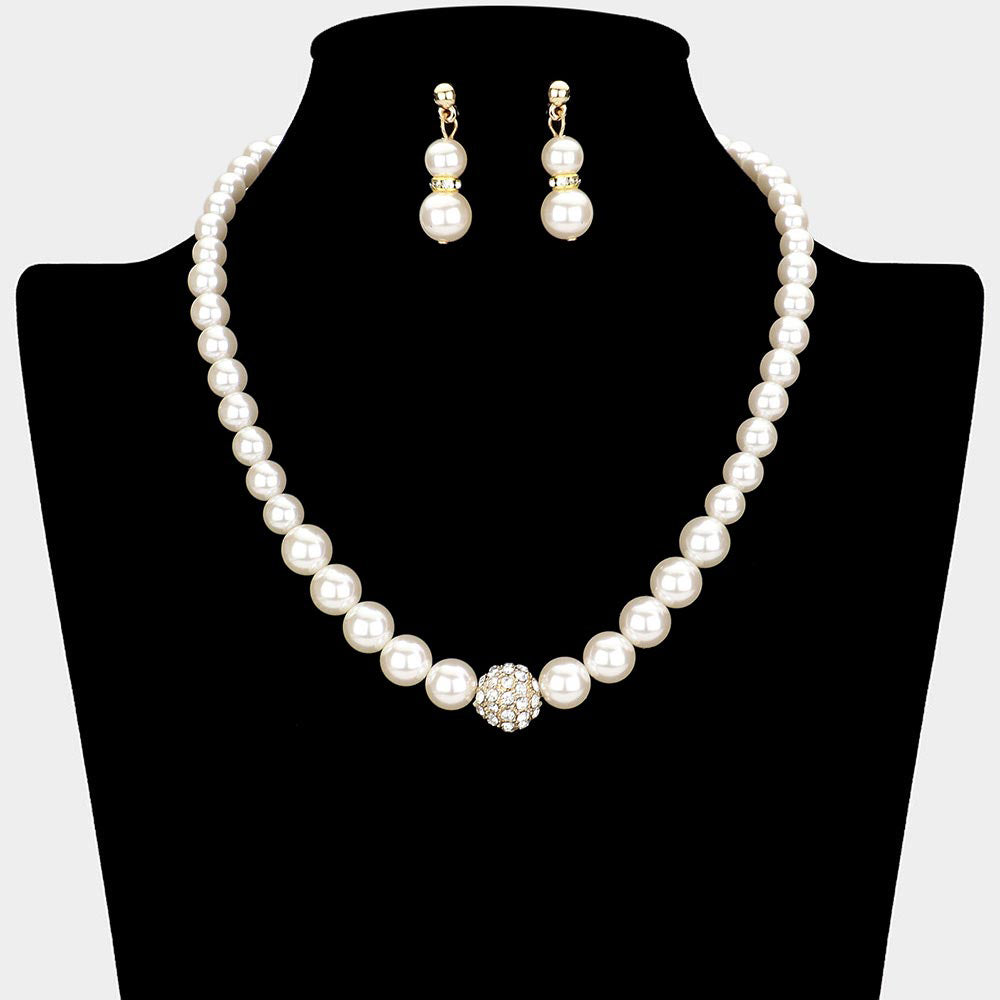 Pave Ball & Pearl Strand Necklace 1