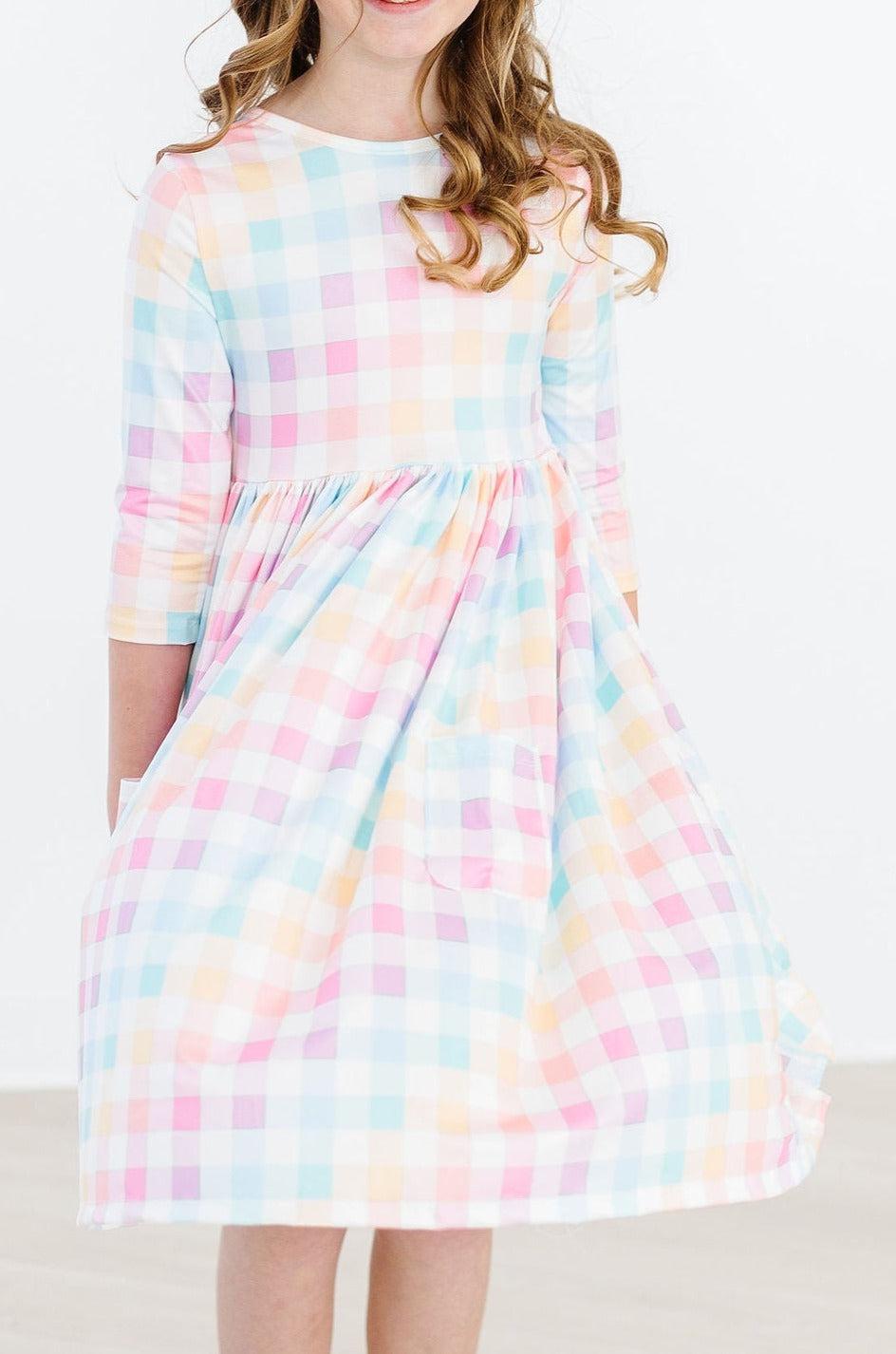 Pastel Plaid 3/4 Sleeve Pocket Twirl Dress 2