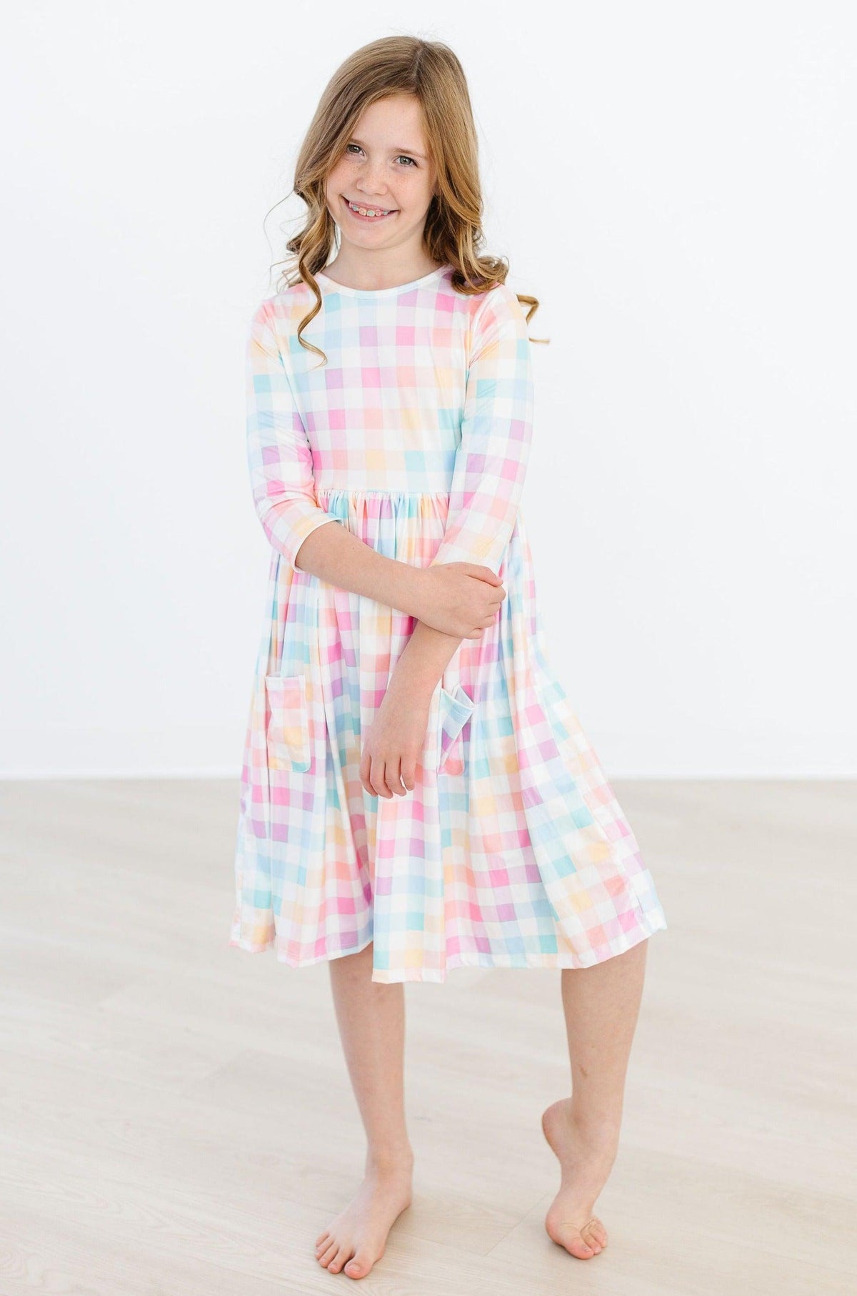 Pastel Plaid 3/4 Sleeve Pocket Twirl Dress 3