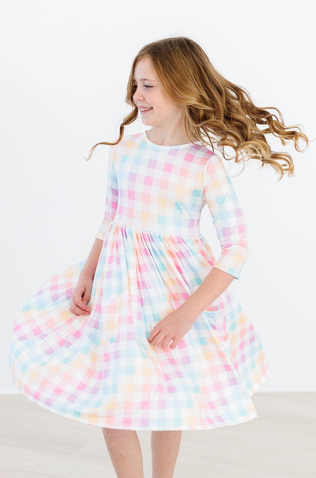 Pastel Plaid 3/4 Sleeve Pocket Twirl Dress 5