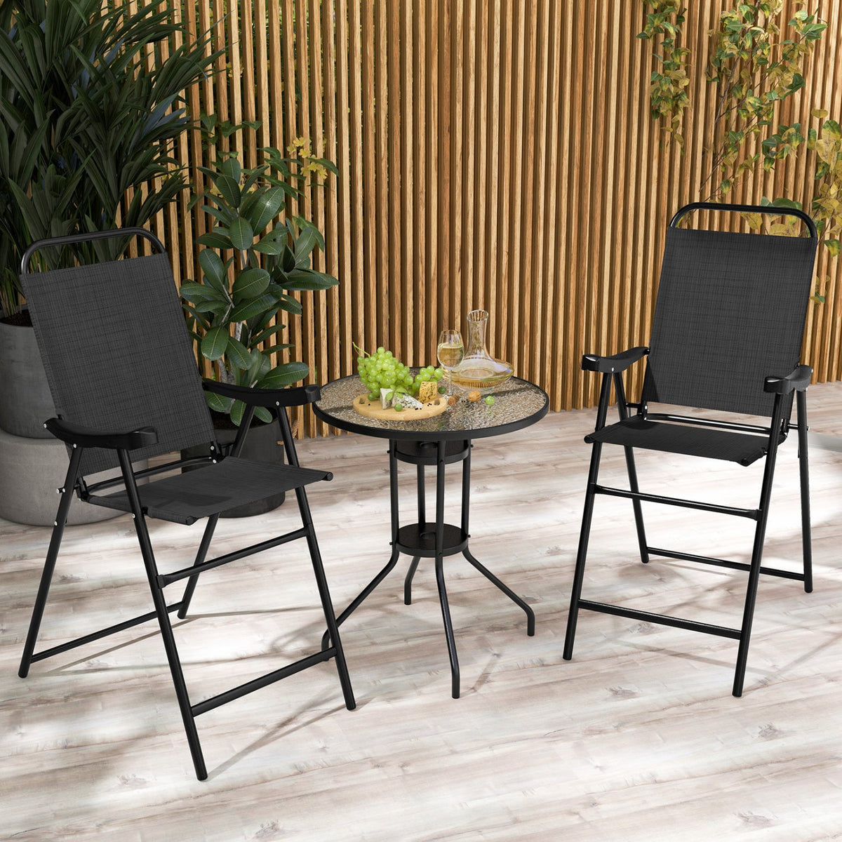 Folding Patio Bar Stool Set of 2 with Footrest - Black 1