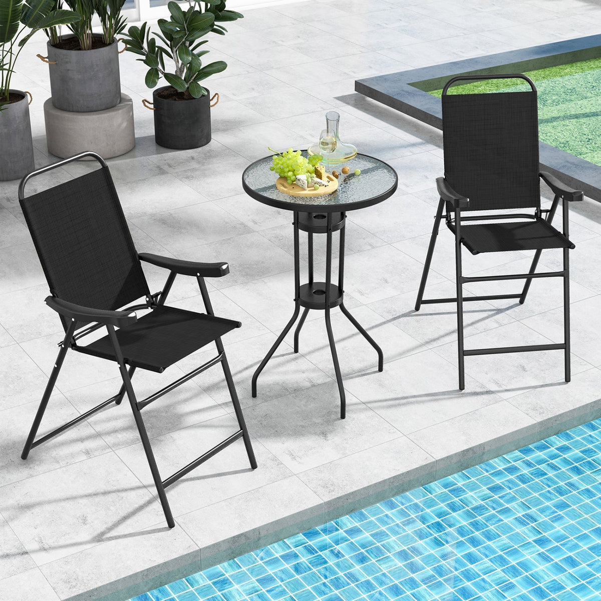 Folding Patio Bar Stool Set of 2 with Footrest - Black 2