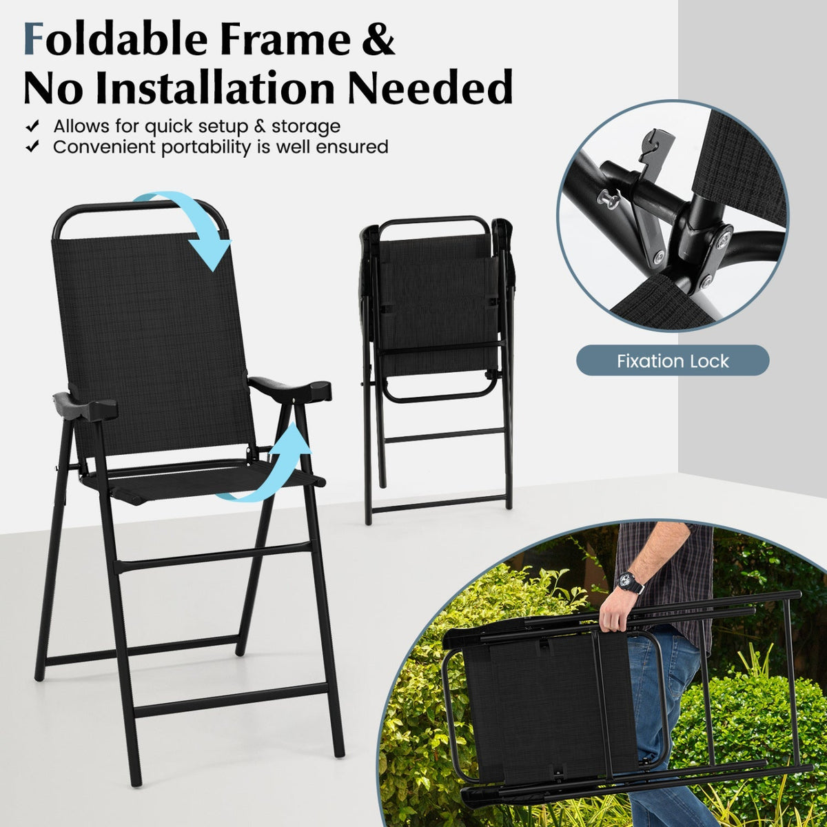 Folding Patio Bar Stool Set of 4 with Metal Frame & Footrest 5
