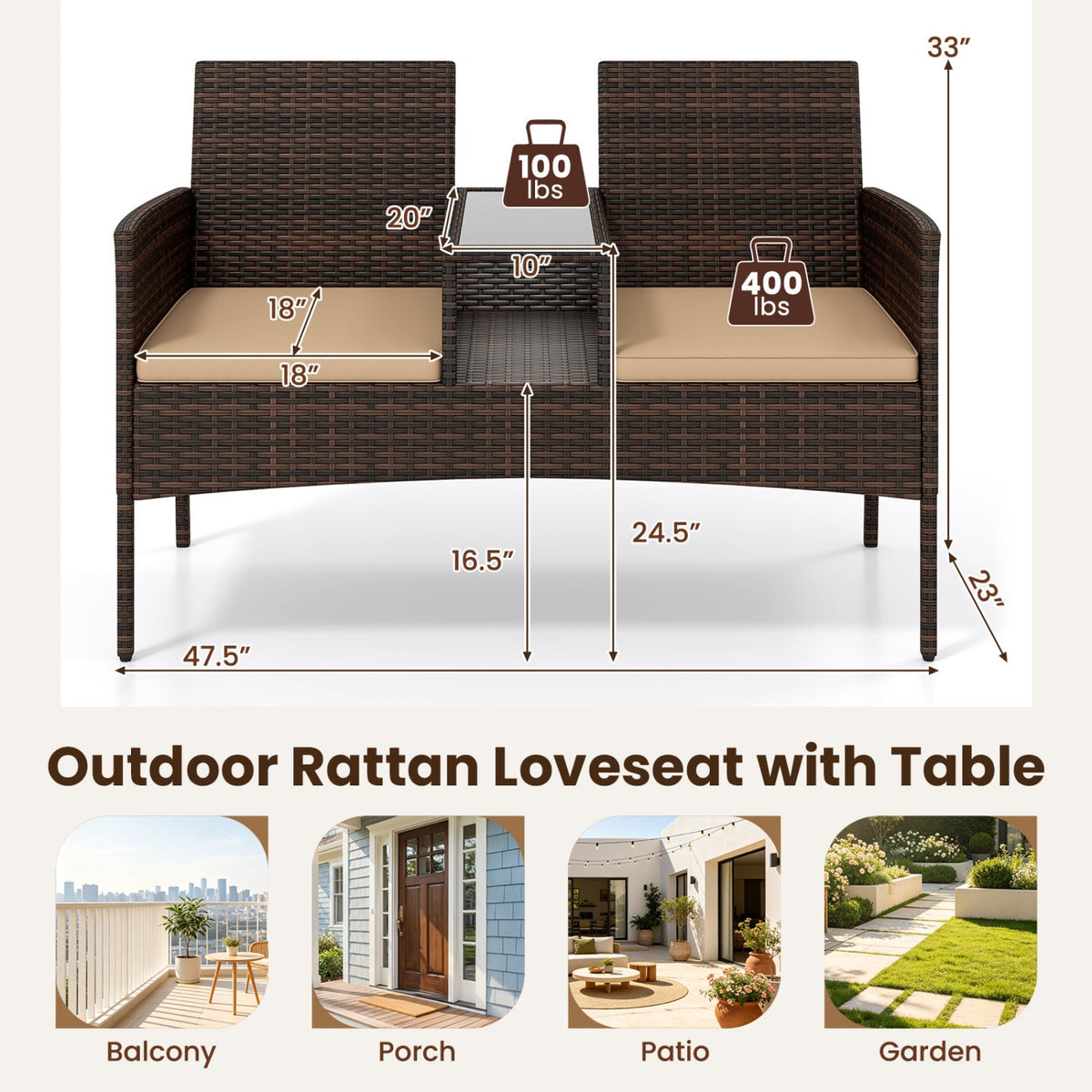 Patio Loveseat 2-Seat Conversation Set with Coffee Table 5