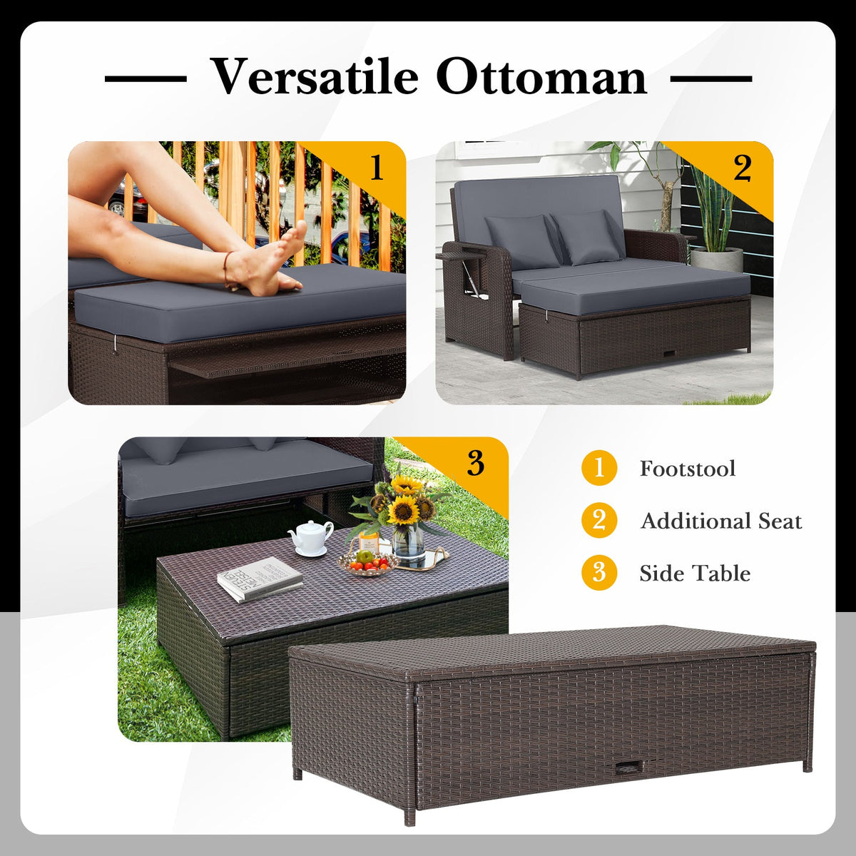Outdoor Rattan Daybed with Adjustable Backrest & Ottoman 8