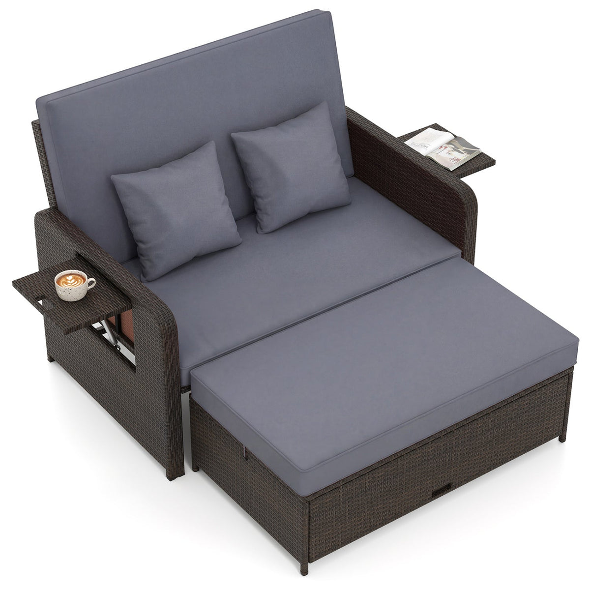 Outdoor Rattan Daybed with Adjustable Backrest & Ottoman 4