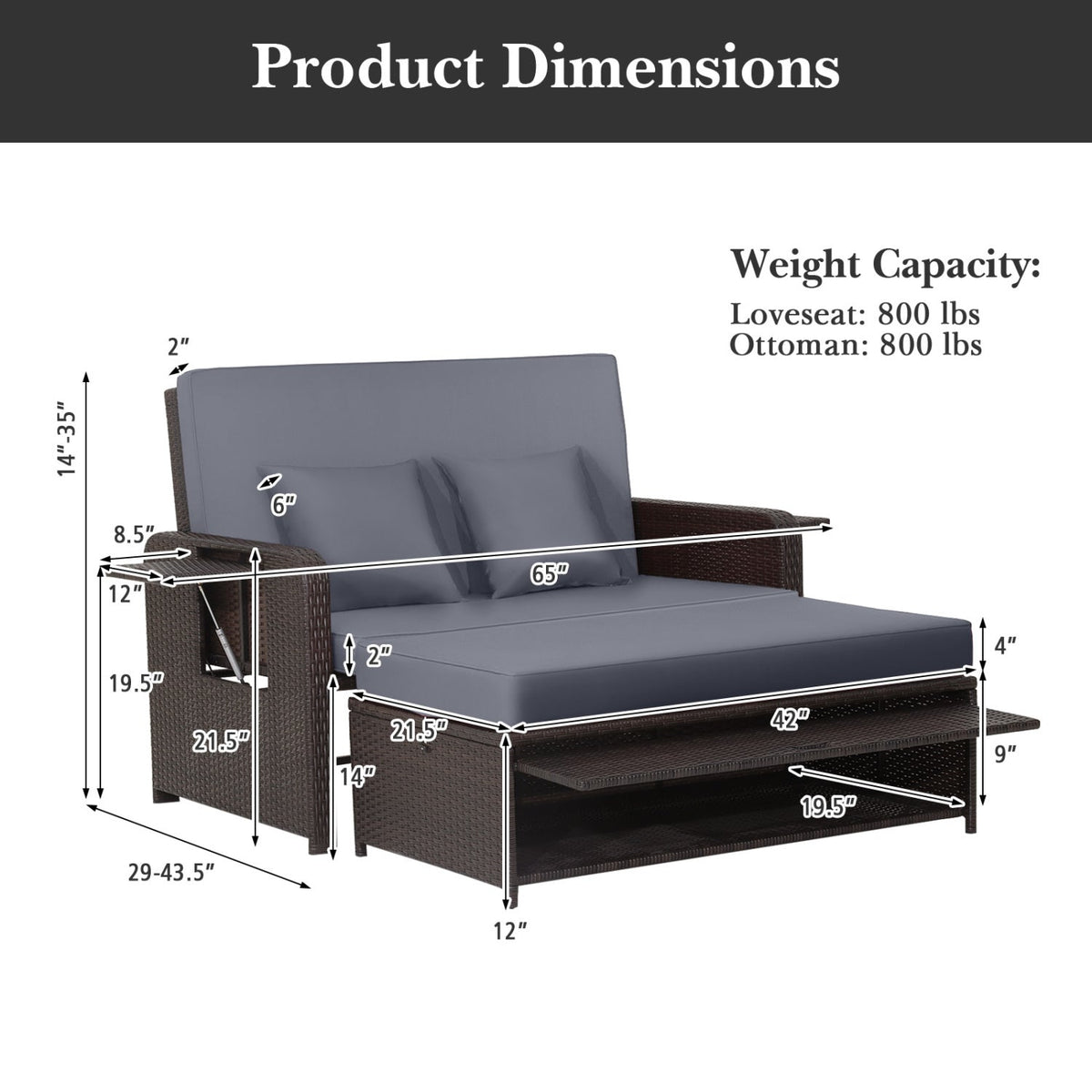 Outdoor Rattan Daybed with Adjustable Backrest & Ottoman 5