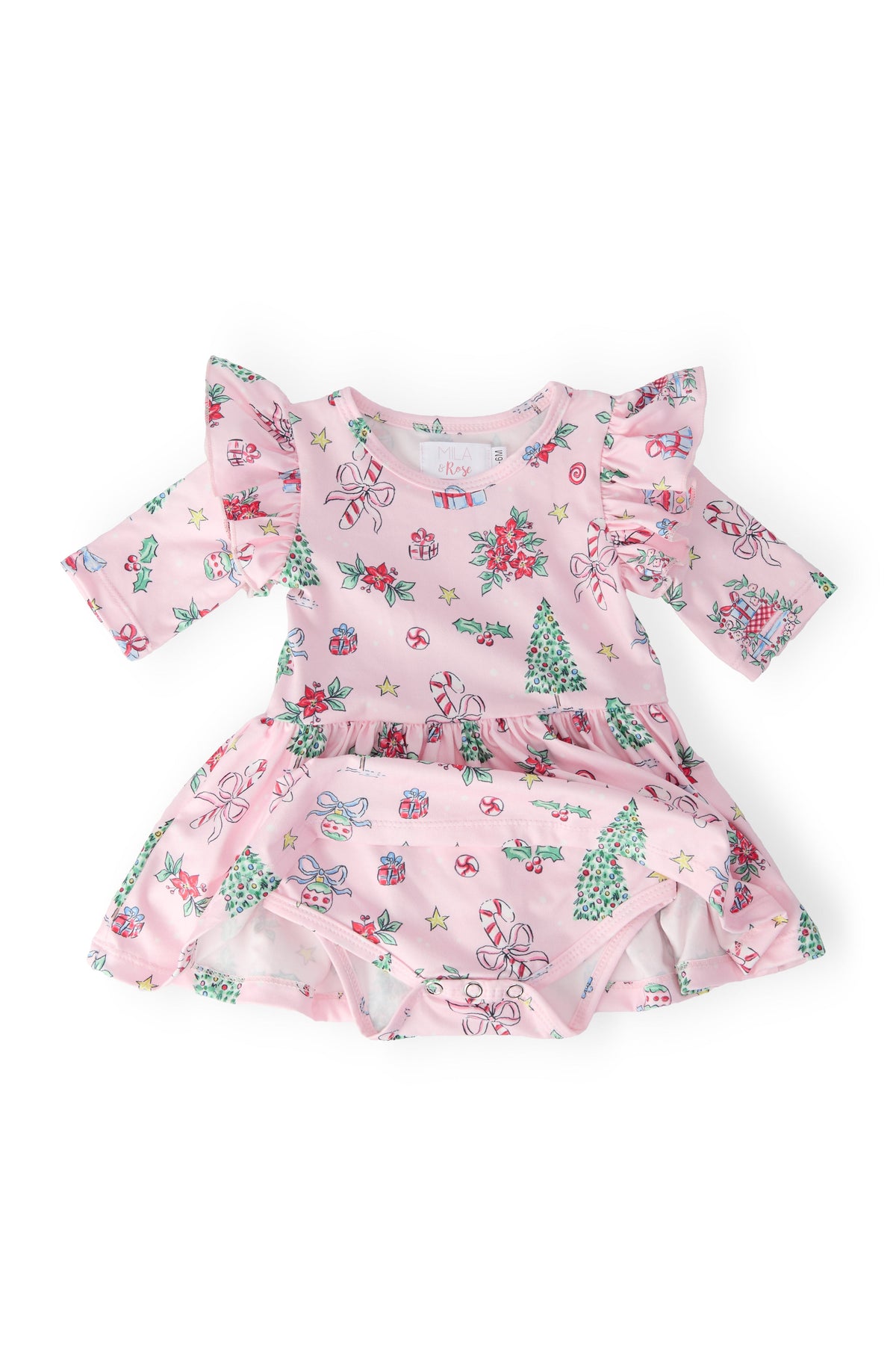 Pink Christmas 3/4 Sleeve Twirl Flutter Bodysuit 2