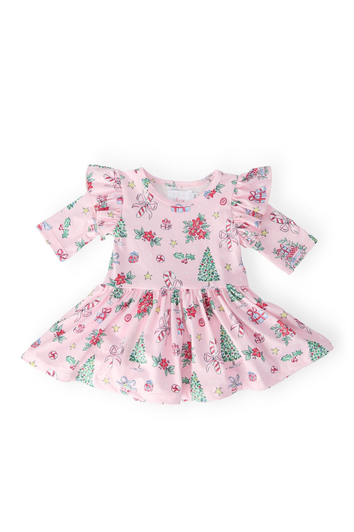 Pink Christmas 3/4 Sleeve Twirl Flutter Bodysuit 1
