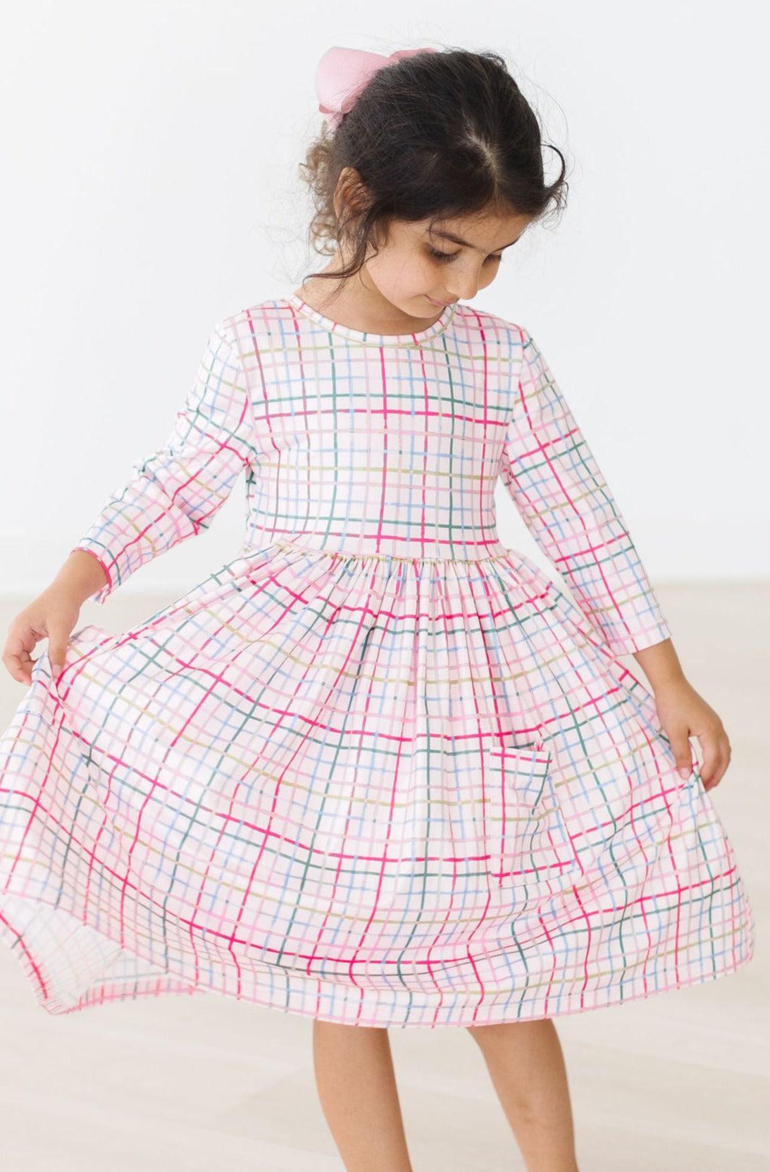 Pink Plaid 3/4 Sleeve Pocket Twirl Dress 1