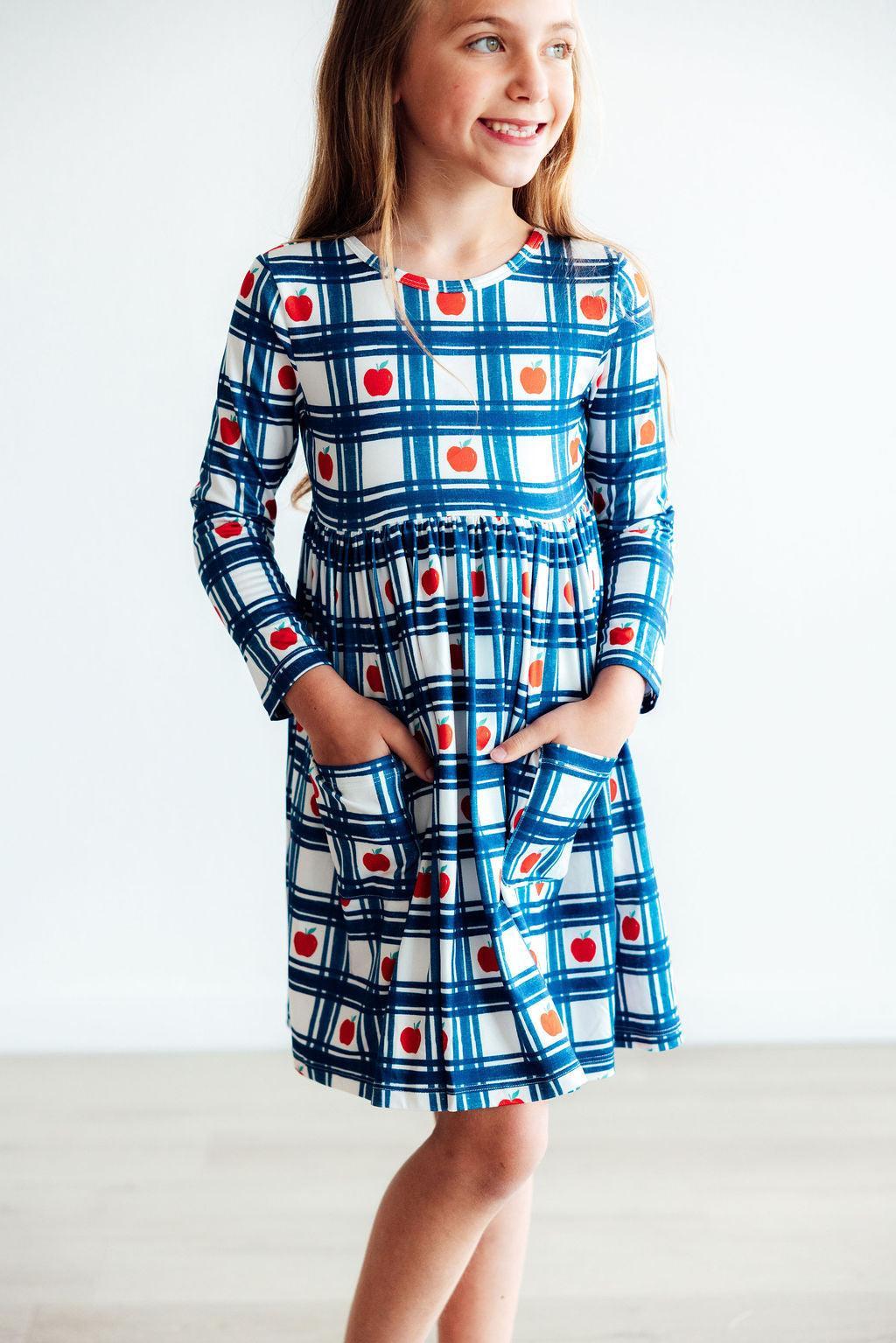 Plaid Apples L/S Pocket Twirl Dress 4