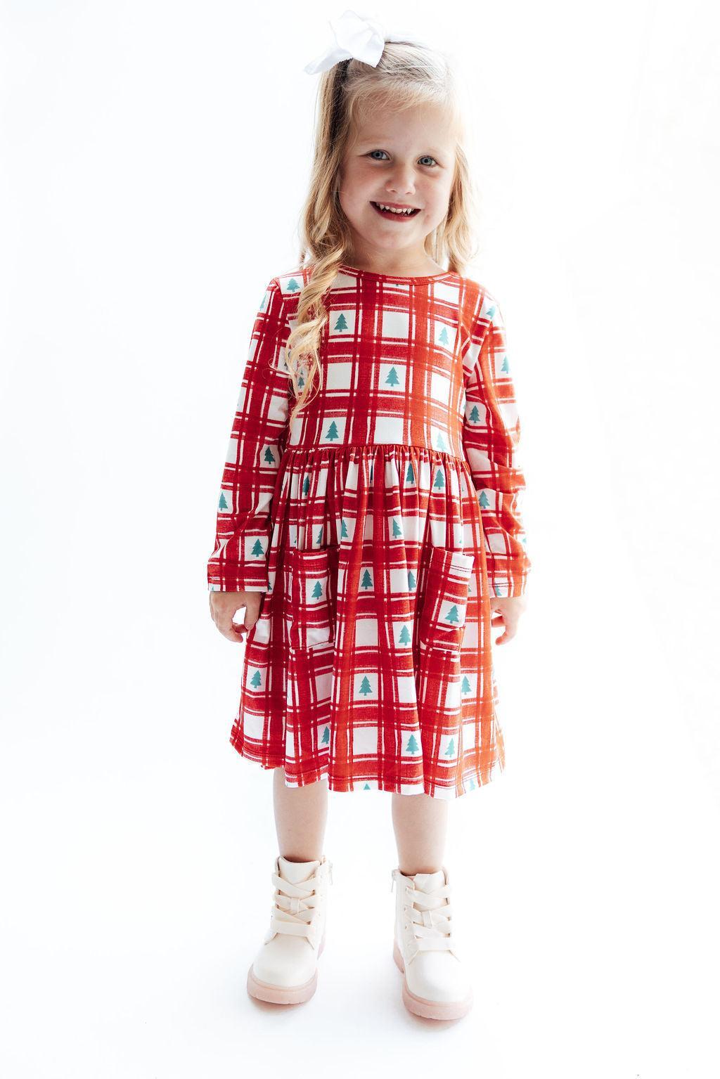 Plaid Trees L/S Pocket Twirl Dress 3