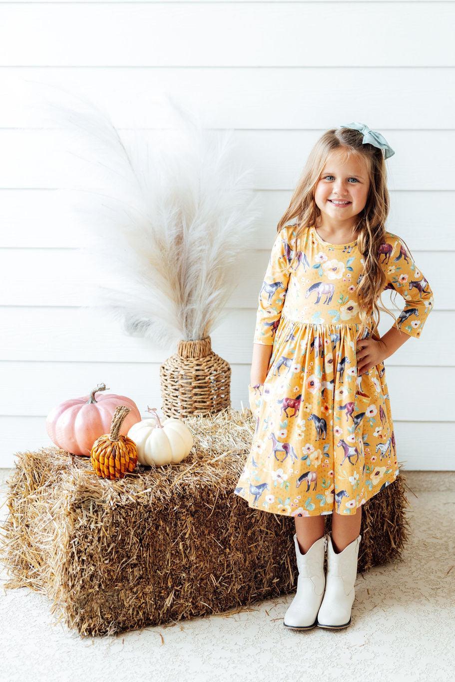 Ponies & Poppies 3/4 Sleeve Pocket Twirl Dress 1