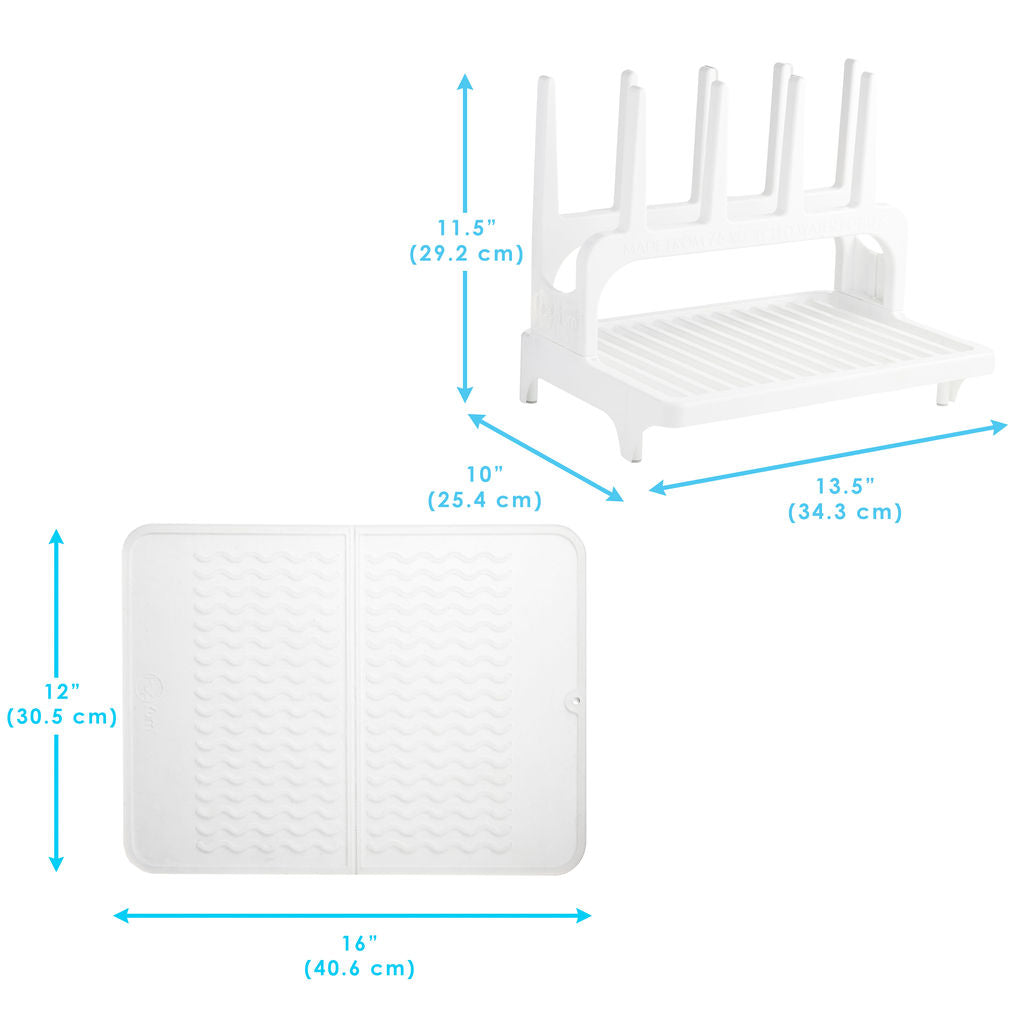 PopYum Glacier White Drying Rack from 100% Recycled Bottles with Silicone Drying Mat, countertop for Baby Bottles, Plastic Bags, Cups, Compact 6