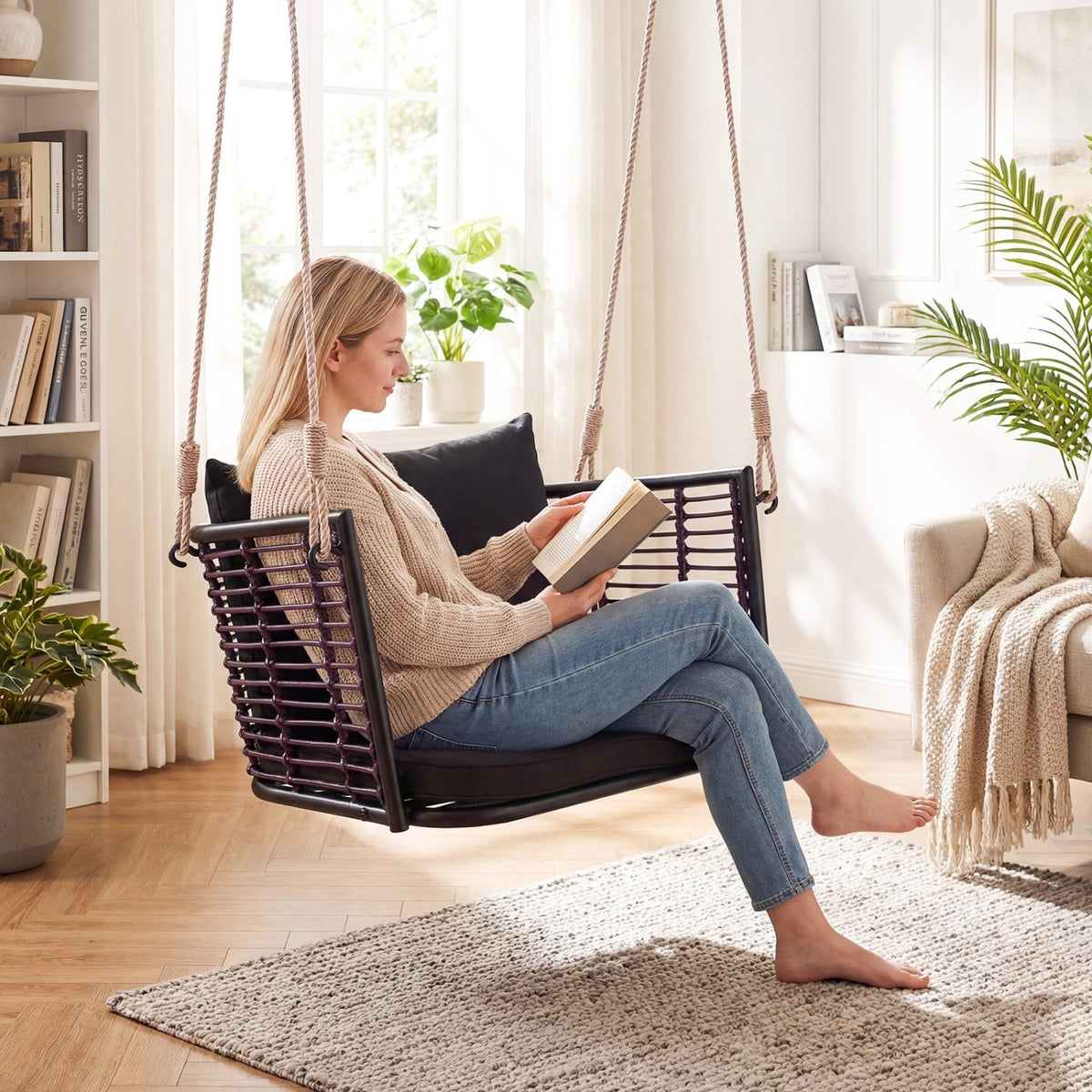 Hanging Rattan Porch Swing Chair with Cushions 1