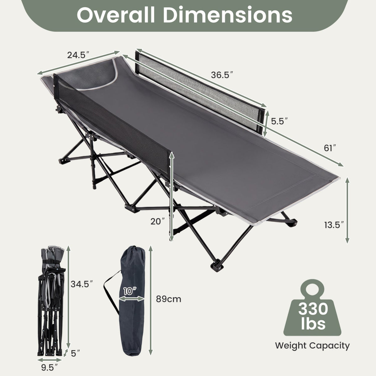 Portable Folding Camping Cot with Guardrail - 330 lbs Capacity 13
