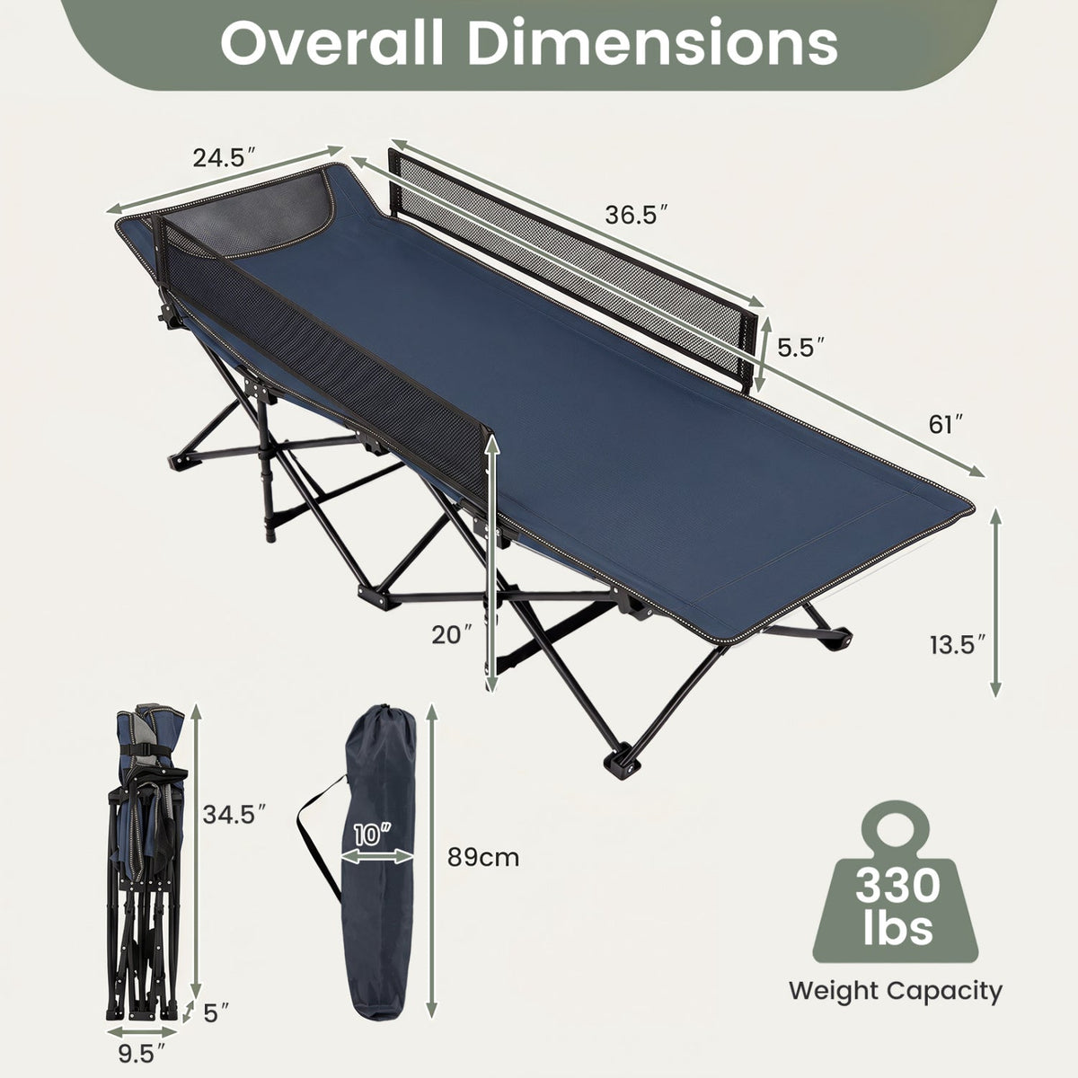Portable Folding Camping Cot with Guardrail - 330 lbs Capacity 5