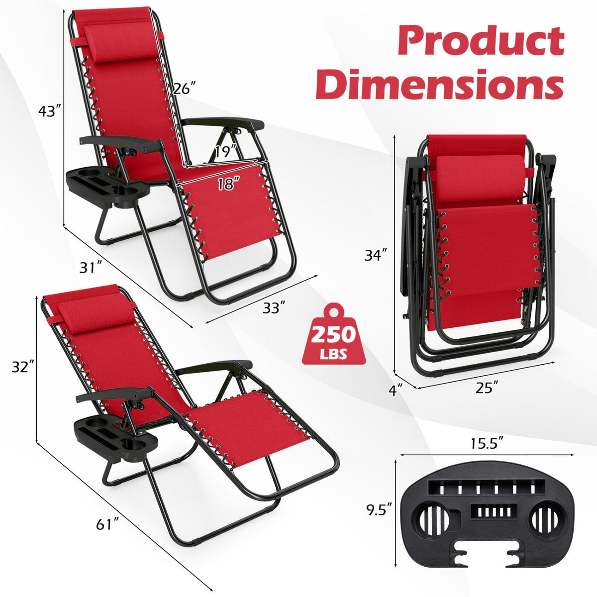 Zero Gravity Lounge Chairs Set of 2 with Cup Holders 21