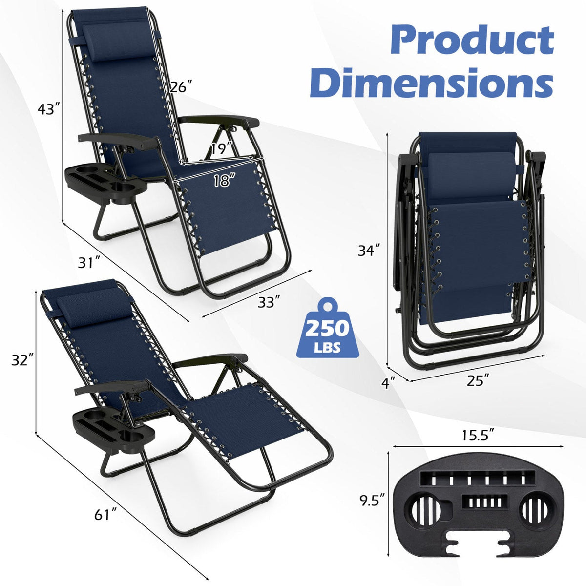 Zero Gravity Lounge Chairs Set of 2 with Cup Holders 13
