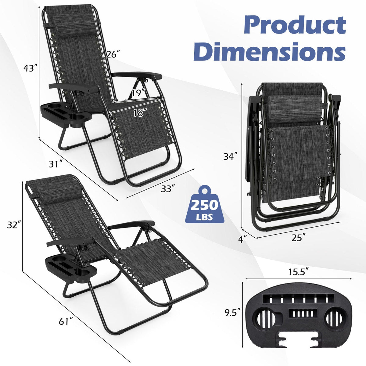 Zero Gravity Lounge Chairs Set of 2 with Cup Holders 5