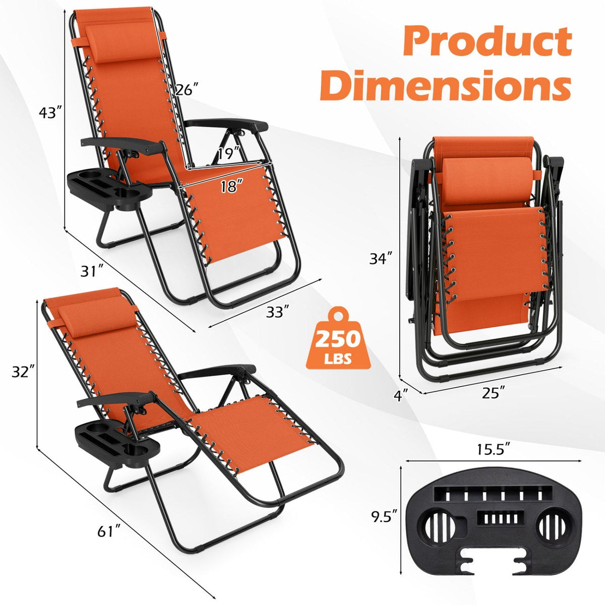 Zero Gravity Lounge Chairs Set of 2 with Cup Holders 29