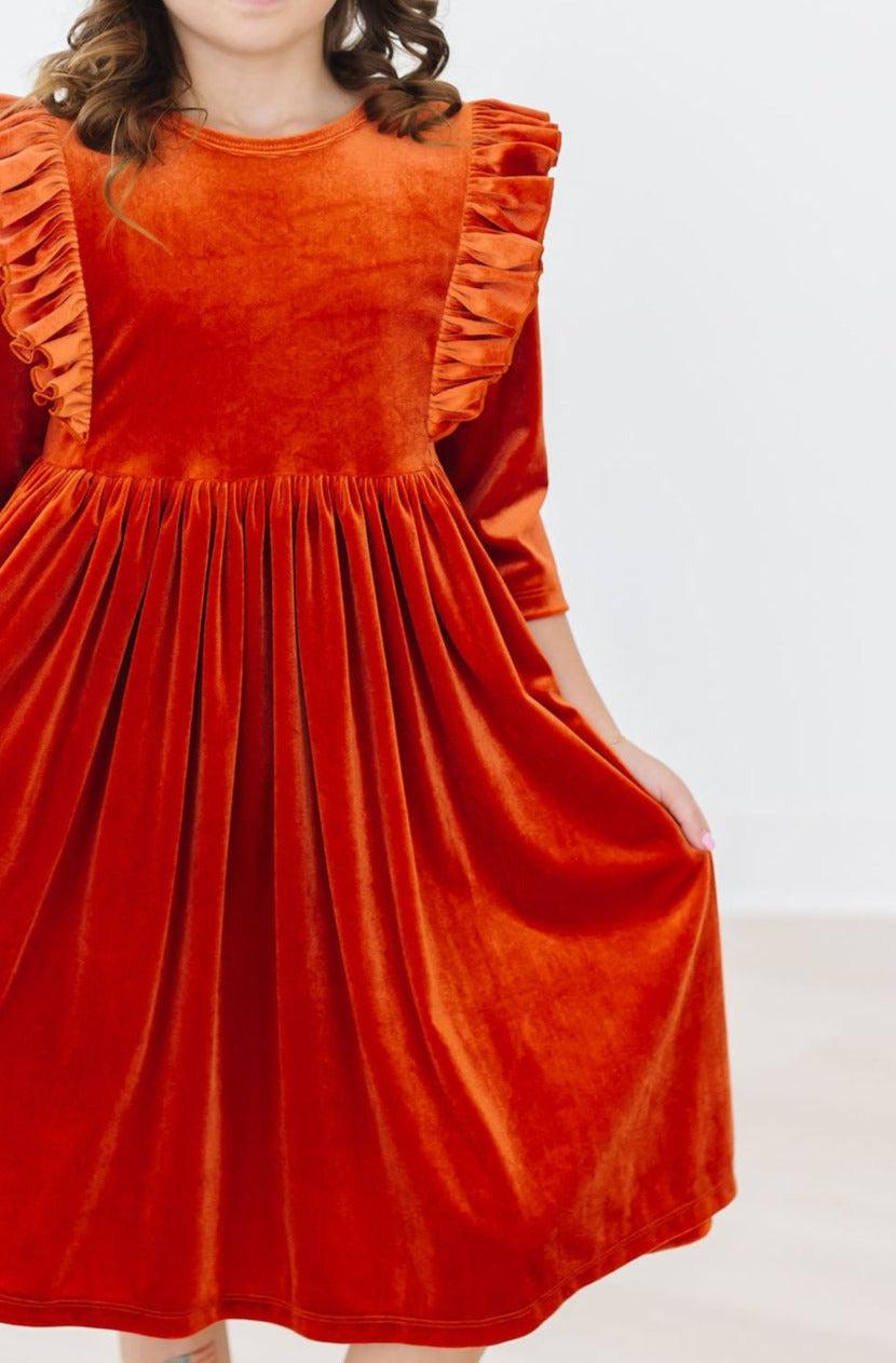 Pumpkin Spice Velvet Ruffle Twirl Dress 5