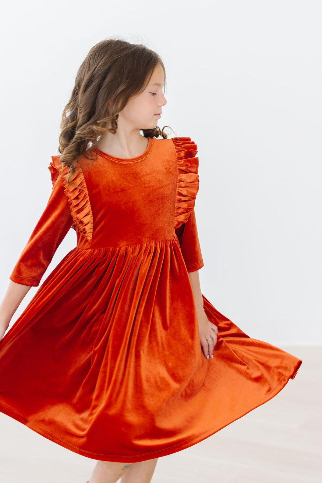 Pumpkin Spice Velvet Ruffle Twirl Dress 2