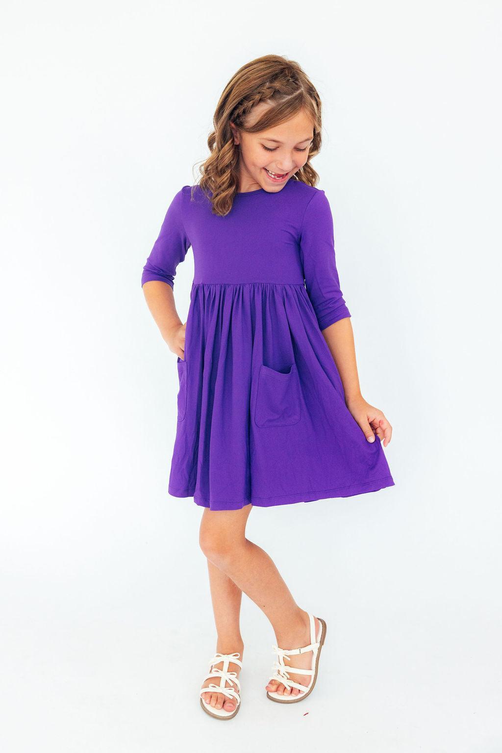 Purple 3/4 Sleeve Pocket Twirl Dress 3