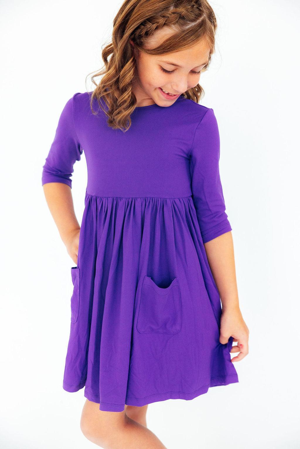 Purple 3/4 Sleeve Pocket Twirl Dress 1